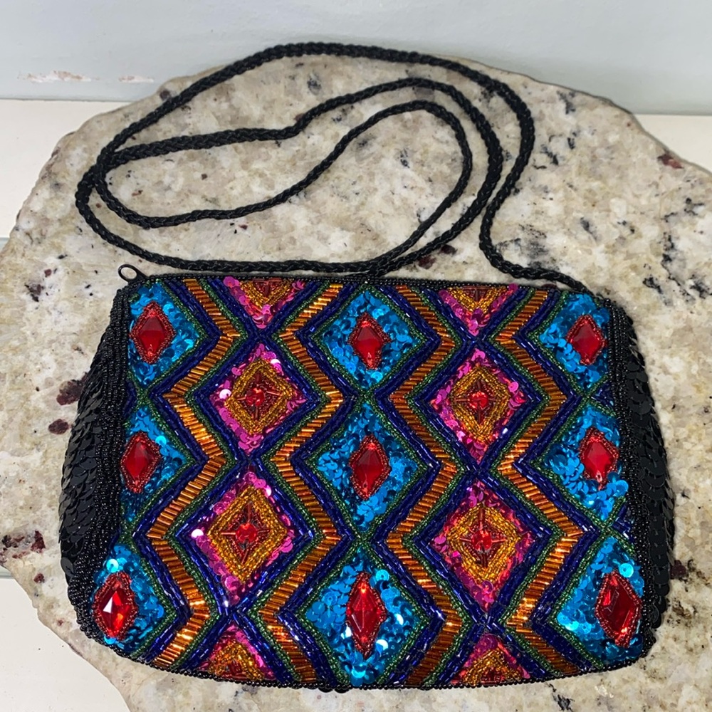 Vintage Multi-Colored Sequin & Rhinestone Embellished Evening Crossbody Purse